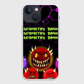 Чехол для iPhone 13 mini с принтом GEOMETRY DASH DEMONS   ДЕМОНЫ в Петрозаводске,  |  | 2d игра | demons | geometry dash | mobile game | robtop | space | геометри даш | демоны | космос | кубики | кубы | мобильная игра | неон