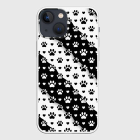 Чехол для iPhone 13 mini с принтом Следы от Лап в Петрозаводске,  |  | black white | chess | dog | dog pawprints | paws | животное | зверь | лапы | пёс | следы от лап | собака | собачьи следы от лап | хищник | чёрно белое | шахматка | щенок