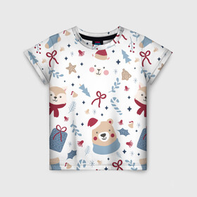 Детская футболка 3D с принтом Забавный Новый Год в Петрозаводске, 100% гипоаллергенный полиэфир | прямой крой, круглый вырез горловины, длина до линии бедер, чуть спущенное плечо, ткань немного тянется | 2022 | детское | животные | забавный | зверята | лама | медведь | новый год | носки | смешные | узор