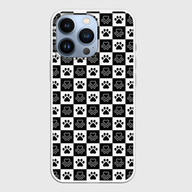 Чехол для iPhone 13 Pro с принтом Следы на Шахматном Фоне в Петрозаводске,  |  | black white | chess | dog | dog pawprints | paws | животное | зверь | лапы | пёс | следы от лап | собака | собачьи следы от лап | хищник | чёрно белое | шахматка | щенок