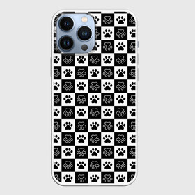 Чехол для iPhone 13 Pro Max с принтом Следы на Шахматном Фоне в Петрозаводске,  |  | black white | chess | dog | dog pawprints | paws | животное | зверь | лапы | пёс | следы от лап | собака | собачьи следы от лап | хищник | чёрно белое | шахматка | щенок