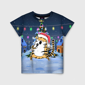 Детская футболка 3D с принтом Тигр поел у елки в Петрозаводске, 100% гипоаллергенный полиэфир | прямой крой, круглый вырез горловины, длина до линии бедер, чуть спущенное плечо, ткань немного тянется | 2022 | год тигра | новый год | новый год 2022 | символ года | тигр | тигренок | тигрица | тигры