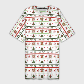 Платье-футболка 3D с принтом узор новогодний Бело красно зеленый в Петрозаводске,  |  | Тематика изображения на принте: deer | new year | елка | колокольчики | новый год | олень | растение | снежинка | узор