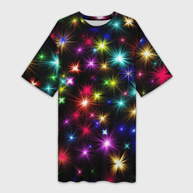 Платье-футболка 3D с принтом ПРАЗДНИЧНЫЕ ОГОНЬКИ в Петрозаводске,  |  | christmas | lights | new year | stars | гирлянда | звезды | зима | новый год | огни | праздник | разноцветные | текстура | яркие