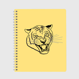 Тетрадь с принтом тигр на золотом фоне в Петрозаводске, 100% бумага | 48 листов, плотность листов — 60 г/м2, плотность картонной обложки — 250 г/м2. Листы скреплены сбоку удобной пружинной спиралью. Уголки страниц и обложки скругленные. Цвет линий — светло-серый
 | art line | chinese calendar | contour | golden | head | mascot | muzzle | new year | symbol | tiger | year of the tiger | арт лайн | год тигра | голова | золотой | китайский календарь | контур | новогодний | новый год | символ | талисман | тигр