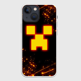 Чехол для iPhone 13 mini с принтом ОГНЕННЫЙ КРИПЕР, МАЙНКРАФТ в Петрозаводске,  |  | Тематика изображения на принте: block | creeper | cube | fire | flame | minecraft | pixel | tnt | блок | гаст | геометрия | крафт | крипер | кубики | майнкрафт | огонь | пиксели | пламя | тнт