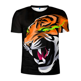 Мужская футболка 3D спортивная с принтом Тигр, с зелеными глазами в Петрозаводске, 100% полиэстер с улучшенными характеристиками | приталенный силуэт, круглая горловина, широкие плечи, сужается к линии бедра | 2022 | amur tiger | beast | fangs | happy new year | merry christmas | new year | predator | snow | stars | stern grin | stern look | winter | year of the tiger | амурский тигр | год тигра | зверь | зима | клыки | новый год | снег | суровый взгл
