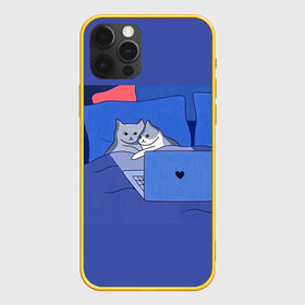 Чехол для iPhone 12 Pro с принтом Милые коты с ноутбуком в Петрозаводске, силикон | область печати: задняя сторона чехла, без боковых панелей | cat | cats | mem | with cat | в обнимку | вобнимку | забавный | из мема | кот | кота | коты | коты лежат | лежат | лежачие коты | лежачий | лежащие коты | лежащий | мем | мемные | мемы | милые | мяу | нарисованные