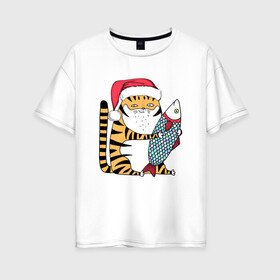 Женская футболка хлопок Oversize с принтом Тигр с большой рыбой в Петрозаводске, 100% хлопок | свободный крой, круглый ворот, спущенный рукав, длина до линии бедер
 | Тематика изображения на принте: 2022 | год тигра | новый год | новый год 2022 | символ года | тигр | тигренок | тигрица | тигры