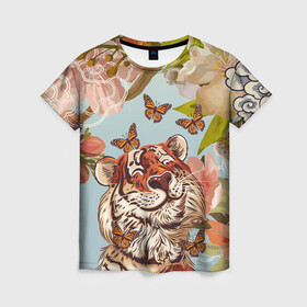Женская футболка 3D с принтом Тигр и бабочки в Петрозаводске, 100% полиэфир ( синтетическое хлопкоподобное полотно) | прямой крой, круглый вырез горловины, длина до линии бедер | 2022 | 2022 тигр | бабочка | бабочка и тигр | бабочки | восточный тигр | восточный узор | иероглиф тигра | китай | китайский пейзаж | китайский тигр | новый год | тигр | тигр 2022 | тигр и бабочка