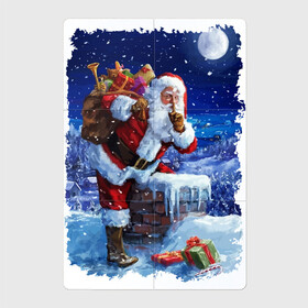 Магнитный плакат 2Х3 с принтом Дед Мороз с подарками на крыше в Петрозаводске, Полимерный материал с магнитным слоем | 6 деталей размером 9*9 см | beard | chimney | gifts | icicles | moustache | new year | night | roof | santa klaus | snow | winter | борода | дед мороз | зима | крыша | новый год | ночь | подарки | снег | сосульки | труба | усы