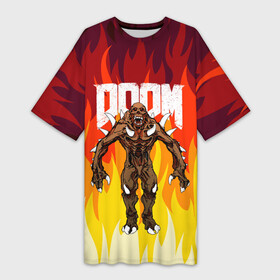 Платье-футболка 3D с принтом DOOM IMP  FIRE AND MONSTER в Петрозаводске,  |  | demons | devil | doom | doom eternal | doom slayer | fire | hell | imp | ад | демон | демоны | дум | имп | огонь | фаер