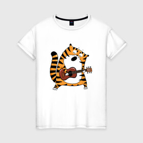 Женская футболка хлопок с принтом Тигр играет на гитаре в Петрозаводске, 100% хлопок | прямой крой, круглый вырез горловины, длина до линии бедер, слегка спущенное плечо | 2022 | год тигра | новый год | новый год 2022 | символ года | тигр | тигренок | тигрица | тигры