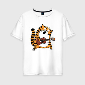 Женская футболка хлопок Oversize с принтом Тигр играет на гитаре в Петрозаводске, 100% хлопок | свободный крой, круглый ворот, спущенный рукав, длина до линии бедер
 | 2022 | год тигра | новый год | новый год 2022 | символ года | тигр | тигренок | тигрица | тигры