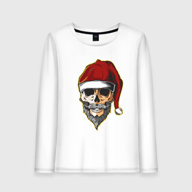 Женский лонгслив хлопок с принтом Santa Skull в Петрозаводске, 100% хлопок |  | art | beard | hat | santa | skull | арт | борода | санта | череп | шапка