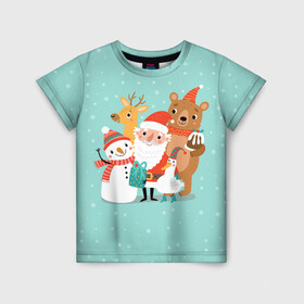 Детская футболка 3D с принтом Звери и Дед Мороз в Петрозаводске, 100% гипоаллергенный полиэфир | прямой крой, круглый вырез горловины, длина до линии бедер, чуть спущенное плечо, ткань немного тянется | 2022 | christmas | new year | животные | звери | зверюшки | кавай | милота | милый | нг | новогодний | новый год | рождество