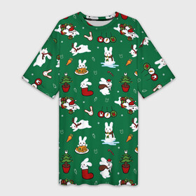 Платье-футболка 3D с принтом Новогодний паттерн с зайчиками в Петрозаводске,  |  | 2022 | christmas | new year | животные | зайчик | заяц | звери | зверюшки | кавай | милота | милый | нг | новогодний | новый год | паттерн | рождество