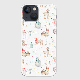 Чехол для iPhone 13 mini с принтом Паттерн с оленями и медведями в Петрозаводске,  |  | 2022 | christmas | new year | животные | звери | зверюшки | кавай | медведь | медвежата | милота | милый | нг | новогодний | новый год | олени | олень | рождество