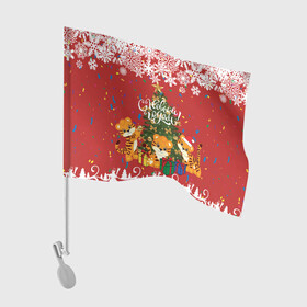 Флаг для автомобиля с принтом Тигрята и ёлка в Петрозаводске, 100% полиэстер | Размер: 30*21 см | ёлка | зима | новый год | праздник | снежинки | тигр