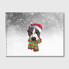 Альбом для рисования с принтом Новогодний Питбуль   New Years Pit bull в Петрозаводске, 100% бумага
 | матовая бумага, плотность 200 мг. | christmas | dog | pit bull | santa | дед мороз | зима | новый год | питбуль | рождество | санта | снег | снежинка | собака | собачка | щенок