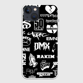 Чехол для iPhone 13 с принтом RAP  HIP HOP LOGOS в Петрозаводске,  |  | Тематика изображения на принте: 2pac | 50 cent | cardi b | dmx | dr dre | drake | eminem | ghostface killah | ghostmane | hip hop | jay z | kizaru | lil peep | migos | nas | notorious big | onyx | outkast | queen latifah | rakim | rap | rappers | run dmc | snoop dogg | tay k | tripple r