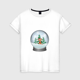 Женская футболка хлопок с принтом Зимний шар с тигром в Петрозаводске, 100% хлопок | прямой крой, круглый вырез горловины, длина до линии бедер, слегка спущенное плечо | зима | зимний шар | новый год | подарок | рождество | сказка | снег | снежный шар | тигр | холод | шар