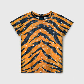 Детская футболка 3D с принтом Новогодняя шкура тигра в Петрозаводске, 100% гипоаллергенный полиэфир | прямой крой, круглый вырез горловины, длина до линии бедер, чуть спущенное плечо, ткань немного тянется | Тематика изображения на принте: 2022 | новый год | оранжевый | полосатый | полоски | полосы | снег | снежинки | тгриный | тигр