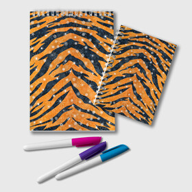 Блокнот с принтом Новогодняя шкура тигра в Петрозаводске, 100% бумага | 48 листов, плотность листов — 60 г/м2, плотность картонной обложки — 250 г/м2. Листы скреплены удобной пружинной спиралью. Цвет линий — светло-серый
 | Тематика изображения на принте: 2022 | новый год | оранжевый | полосатый | полоски | полосы | снег | снежинки | тгриный | тигр