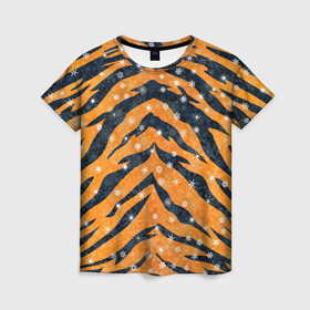 Женская футболка 3D с принтом Новогодняя шкура тигра в Петрозаводске, 100% полиэфир ( синтетическое хлопкоподобное полотно) | прямой крой, круглый вырез горловины, длина до линии бедер | 2022 | новый год | оранжевый | полосатый | полоски | полосы | снег | снежинки | тгриный | тигр
