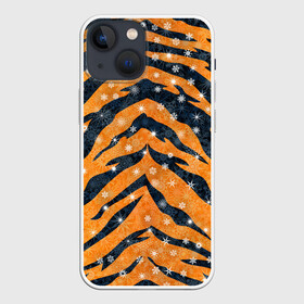 Чехол для iPhone 13 mini с принтом Новогодняя шкура тигра в Петрозаводске,  |  | 2022 | новый год | оранжевый | полосатый | полоски | полосы | снег | снежинки | тгриный | тигр