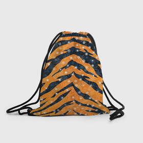 Рюкзак-мешок 3D с принтом Новогодняя шкура тигра в Петрозаводске, 100% полиэстер | плотность ткани — 200 г/м2, размер — 35 х 45 см; лямки — толстые шнурки, застежка на шнуровке, без карманов и подкладки | 2022 | новый год | оранжевый | полосатый | полоски | полосы | снег | снежинки | тгриный | тигр