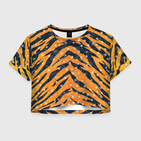 Женская футболка Crop-top 3D с принтом Новогодняя шкура тигра в Петрозаводске, 100% полиэстер | круглая горловина, длина футболки до линии талии, рукава с отворотами | 2022 | новый год | оранжевый | полосатый | полоски | полосы | снег | снежинки | тгриный | тигр