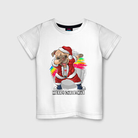 Детская футболка хлопок с принтом Christmas Pug в Петрозаводске, 100% хлопок | круглый вырез горловины, полуприлегающий силуэт, длина до линии бедер | christmas | dab | dog | holiday | new year | pug | rainbow | santa | даб | мопс | новый год | праздник | радуга | рождество | санта | собака