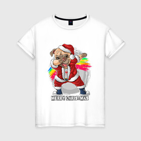 Женская футболка хлопок с принтом Christmas Pug в Петрозаводске, 100% хлопок | прямой крой, круглый вырез горловины, длина до линии бедер, слегка спущенное плечо | Тематика изображения на принте: christmas | dab | dog | holiday | new year | pug | rainbow | santa | даб | мопс | новый год | праздник | радуга | рождество | санта | собака