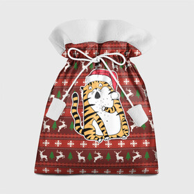 Подарочный 3D мешок с принтом Рождественский удивленный тигр в Петрозаводске, 100% полиэстер | Размер: 29*39 см | Тематика изображения на принте: 2022 | год тигра | новый год | новый год 2022 | символ года | тигр | тигренок | тигрица | тигры