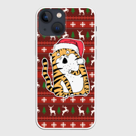Чехол для iPhone 13 mini с принтом Рождественский удивленный тигр в Петрозаводске,  |  | 2022 | год тигра | новый год | новый год 2022 | символ года | тигр | тигренок | тигрица | тигры