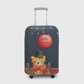 Чехол для чемодана 3D с принтом Новогодний тигренок с красным шариком в Петрозаводске, 86% полиэфир, 14% спандекс | двустороннее нанесение принта, прорези для ручек и колес | 2022 | год тигра | новый год | новый год 2022 | символ года | тигр | тигренок | тигрица | тигры