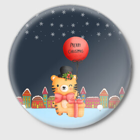 Значок с принтом Новогодний тигренок с красным шариком в Петрозаводске,  металл | круглая форма, металлическая застежка в виде булавки | 2022 | год тигра | новый год | новый год 2022 | символ года | тигр | тигренок | тигрица | тигры