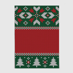 Постер с принтом Knitted Christmas Pattern в Петрозаводске, 100% бумага
 | бумага, плотность 150 мг. Матовая, но за счет высокого коэффициента гладкости имеет небольшой блеск и дает на свету блики, но в отличии от глянцевой бумаги не покрыта лаком | background | christmas | holiday | knitted | knitted pattern | pattern | trees | winter | вязаный | вязаный узор | елки | зима | праздник | рождество | узор | фон