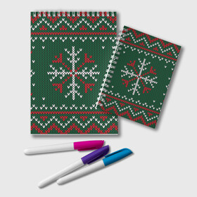 Блокнот с принтом Knitted Snowflake Pattern в Петрозаводске, 100% бумага | 48 листов, плотность листов — 60 г/м2, плотность картонной обложки — 250 г/м2. Листы скреплены удобной пружинной спиралью. Цвет линий — светло-серый
 | Тематика изображения на принте: background | christmas | holiday | knitted pattern | pattern | snowflakes | trees | winter | вязаный узор | елки | зима | праздник | рождество | снежинки | узор | фон