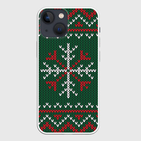 Чехол для iPhone 13 mini с принтом Knitted Snowflake Pattern в Петрозаводске,  |  | Тематика изображения на принте: background | christmas | holiday | knitted pattern | pattern | snowflakes | trees | winter | вязаный узор | елки | зима | праздник | рождество | снежинки | узор | фон