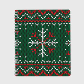 Тетрадь с принтом Knitted Snowflake Pattern в Петрозаводске, 100% бумага | 48 листов, плотность листов — 60 г/м2, плотность картонной обложки — 250 г/м2. Листы скреплены сбоку удобной пружинной спиралью. Уголки страниц и обложки скругленные. Цвет линий — светло-серый
 | background | christmas | holiday | knitted pattern | pattern | snowflakes | trees | winter | вязаный узор | елки | зима | праздник | рождество | снежинки | узор | фон