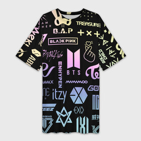 Платье-футболка 3D с принтом K pop лого исполнителей в Петрозаводске,  |  | aespa | astro | bap | bigbang | blackpink | bts | enhypen | exo | got7 | ikon | itzy | korean pop | kpop | mamamoo | megamax | monsta x | nct | red velvet | seventeen | shinee | stray kids | superm | twice | txt | атееz | группы | кпоп | музыка