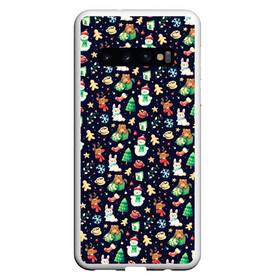 Чехол для Samsung Galaxy S10 с принтом Christmas Holiday в Петрозаводске, Силикон | Область печати: задняя сторона чехла, без боковых панелей | Тематика изображения на принте: background | bear | christmas | cookies | deer | garland | gifts | hare | new year | rabbit | snowflakes | snowman | stars | texture | гирлянда | заяц | звезды | кролик | медведь | мишка | новый год | олени | печенье | подарки | рождество | снеговик | сне