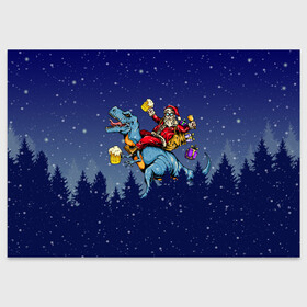 Поздравительная открытка с принтом Санта Клаус на Пивозавре в Петрозаводске, 100% бумага | плотность бумаги 280 г/м2, матовая, на обратной стороне линовка и место для марки
 | christmas | santa | дед мороз | динозавр | елка | зима | новый год | подарок | рождество | санта | снег | снежинка