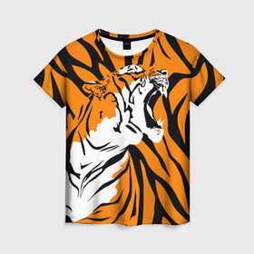 Женская футболка 3D с принтом Тигровый окрас в Петрозаводске, 100% полиэфир ( синтетическое хлопкоподобное полотно) | прямой крой, круглый вырез горловины, длина до линии бедер | 2022 | aggressive | brindle color | fangs | in profile | new year | open mouth | predator | tiger | year of the tiger | агрессивный | в профиль | год тигра | клыки | новый год | открытая пасть | тигр | тигровый окрас | хищник