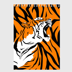 Скетчбук с принтом Тигровый окрас в Петрозаводске, 100% бумага
 | 48 листов, плотность листов — 100 г/м2, плотность картонной обложки — 250 г/м2. Листы скреплены сверху удобной пружинной спиралью | Тематика изображения на принте: 2022 | aggressive | brindle color | fangs | in profile | new year | open mouth | predator | tiger | year of the tiger | агрессивный | в профиль | год тигра | клыки | новый год | открытая пасть | тигр | тигровый окрас | хищник