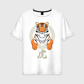 Женская футболка хлопок Oversize с принтом Тигр в раме в Петрозаводске, 100% хлопок | свободный крой, круглый ворот, спущенный рукав, длина до линии бедер
 | 2022 | chinese character | framed | new year | ornament | powerful | predator | strong | tiger | year of the tiger | yellow look | в рамке | год тигра | жёлтый взгляд | китайский иероглиф | мощный | новый год | орнамент | сильный | тигр | хищник