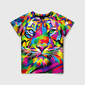 Детская футболка 3D с принтом Тигр в стиле поп арт в Петрозаводске, 100% гипоаллергенный полиэфир | прямой крой, круглый вырез горловины, длина до линии бедер, чуть спущенное плечо, ткань немного тянется | 2022 | art | beast | mosaic | multicolored head | new year | pop art | predator | rainbow | tiger | year of the tiger | год тигра | зверь | искусство | мозаика | новый год | радужный | разноцветная голова | тигр | хищник