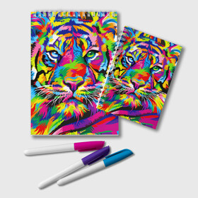 Блокнот с принтом Тигр в стиле поп арт в Петрозаводске, 100% бумага | 48 листов, плотность листов — 60 г/м2, плотность картонной обложки — 250 г/м2. Листы скреплены удобной пружинной спиралью. Цвет линий — светло-серый
 | 2022 | art | beast | mosaic | multicolored head | new year | pop art | predator | rainbow | tiger | year of the tiger | год тигра | зверь | искусство | мозаика | новый год | радужный | разноцветная голова | тигр | хищник
